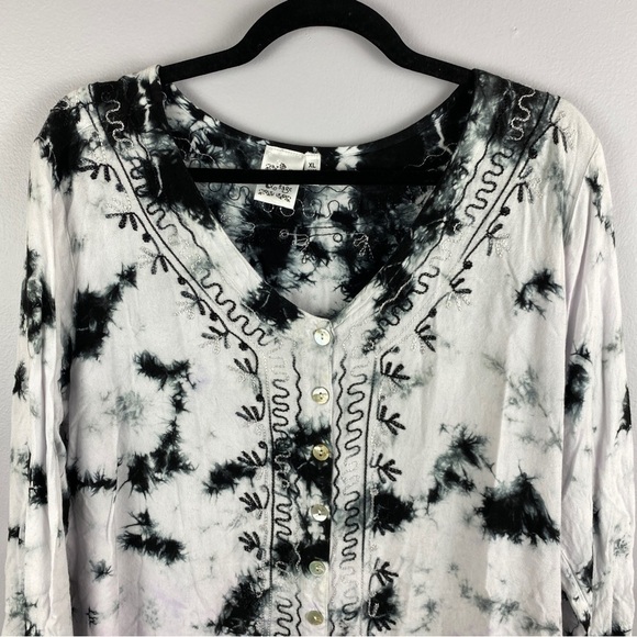 Parsley & Sage Black White Tie Dye Multi Colour Hem Embroidered Button Down XL - Picture 3 of 11